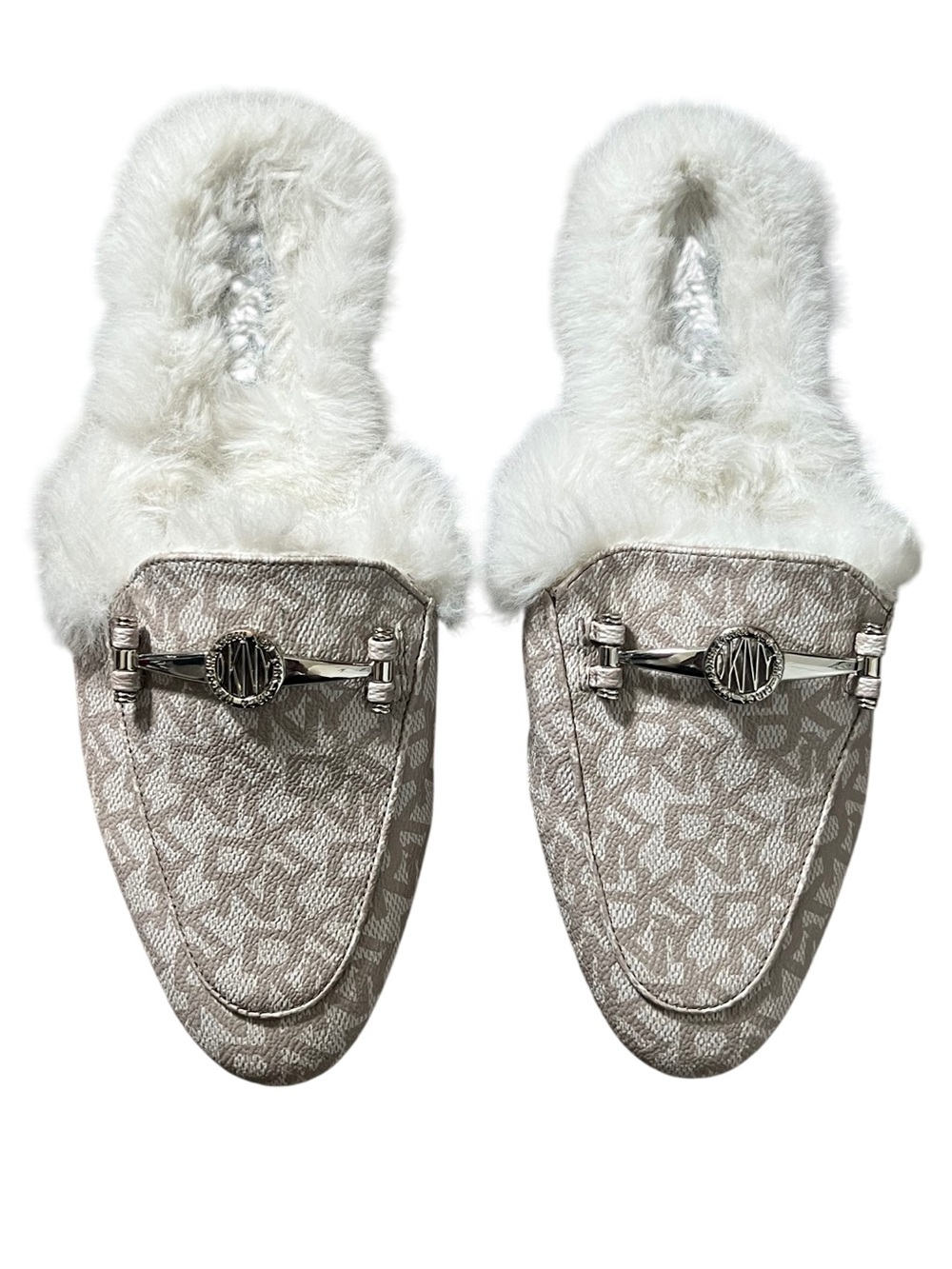 DKNY White Faux Fur Lined Gala Slip On Mules Size 6.5